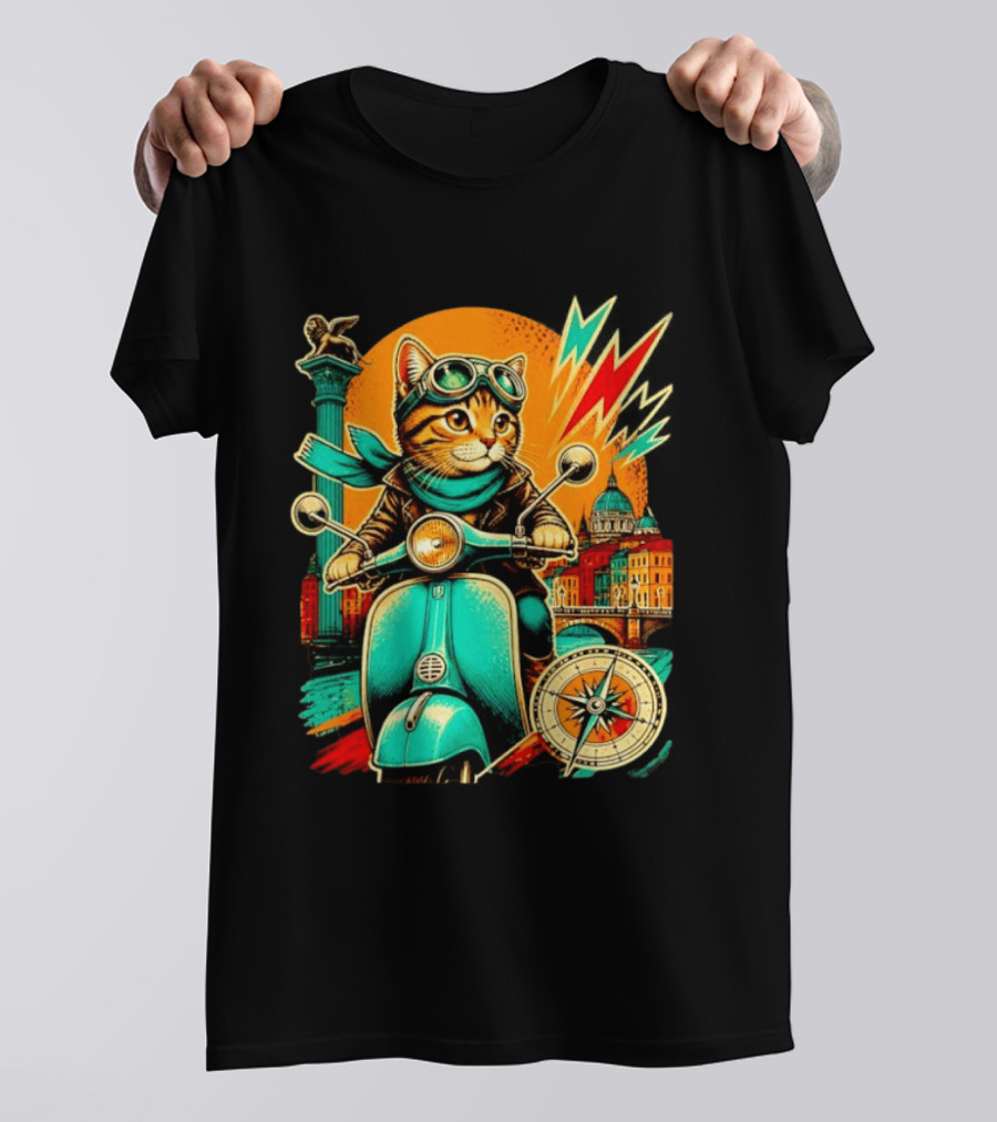 Cat On Scooter Adventure In Venice With Vibrant Cityscape And Compass T-Shirt