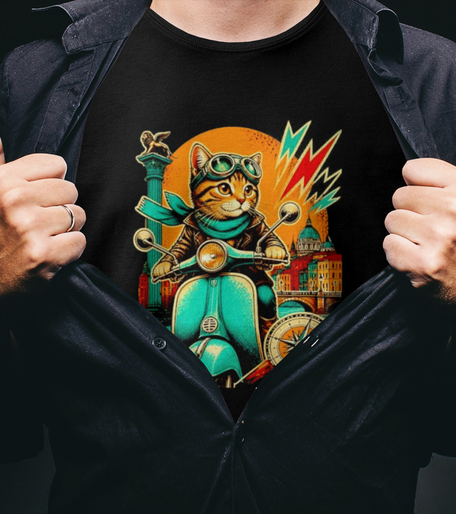 Cat On Scooter Adventure In Venice With Vibrant Cityscape And Compass T-Shirt