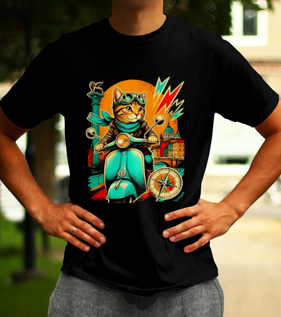 Cat On Scooter Adventure In Venice With Vibrant Cityscape And Compass T-Shirt