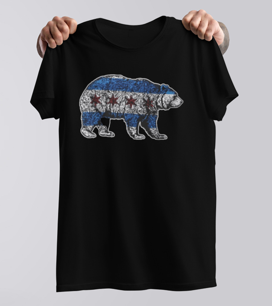 Chicago Bears Grizzly Bear Chicago Flag Stars Blue Stripes T-Shirt