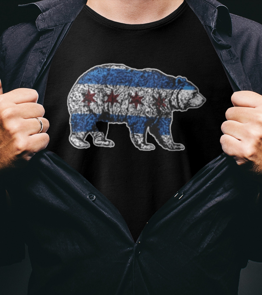 Chicago Bears Grizzly Bear Chicago Flag Stars Blue Stripes T-Shirt