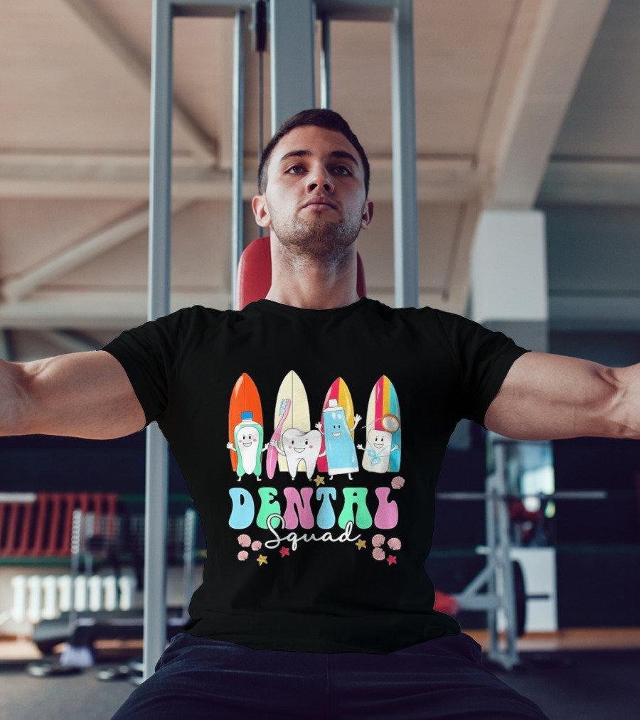 Dental Squad Toothpaste Toothbrush Floss Surfboards Fun Playful T-Shirt