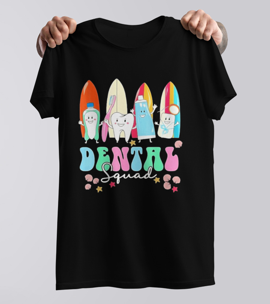 Dental Squad Toothpaste Toothbrush Floss Surfboards Fun Playful T-Shirt