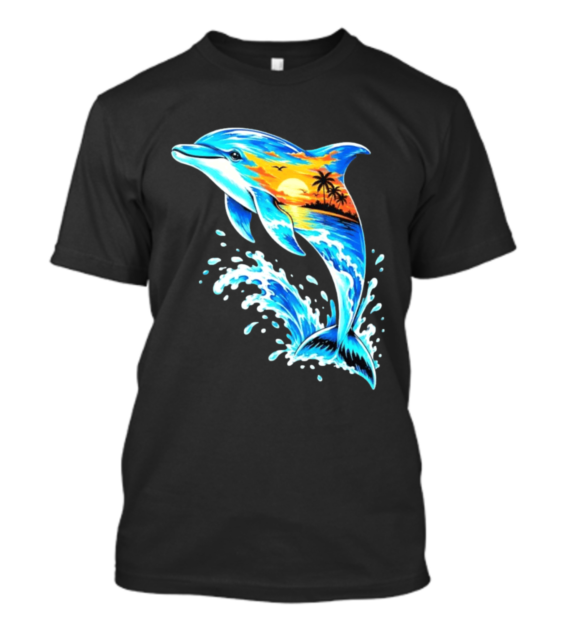 Tropical Sunset Dolphin Ocean Wave Marine Life Scene T-Shirt