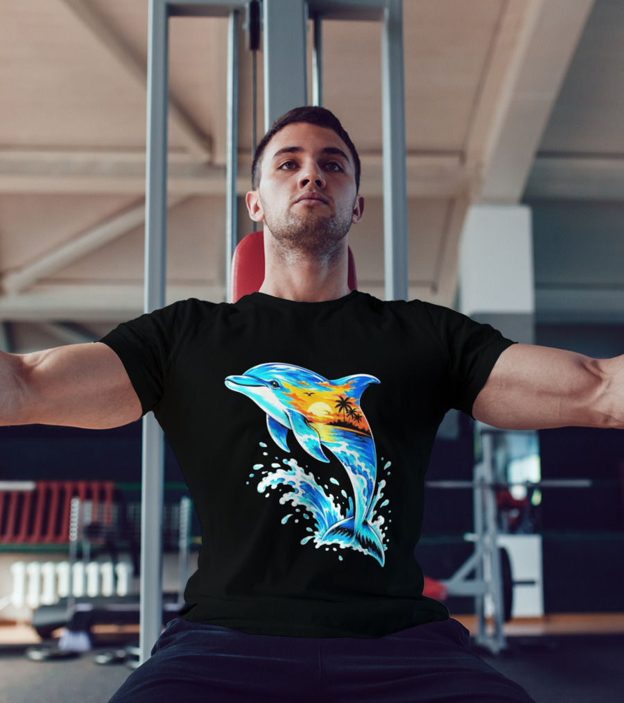 Tropical Sunset Dolphin Ocean Wave Marine Life Scene T-Shirt