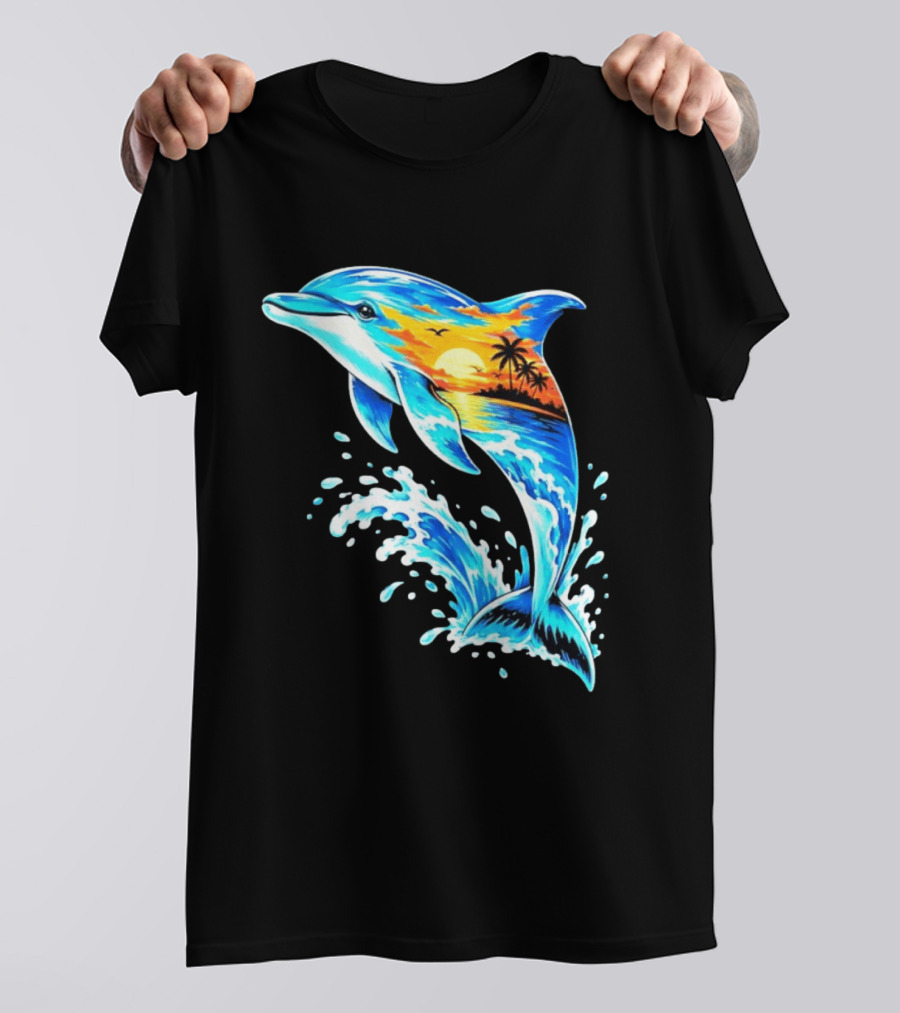 Tropical Sunset Dolphin Ocean Wave Marine Life Scene T-Shirt