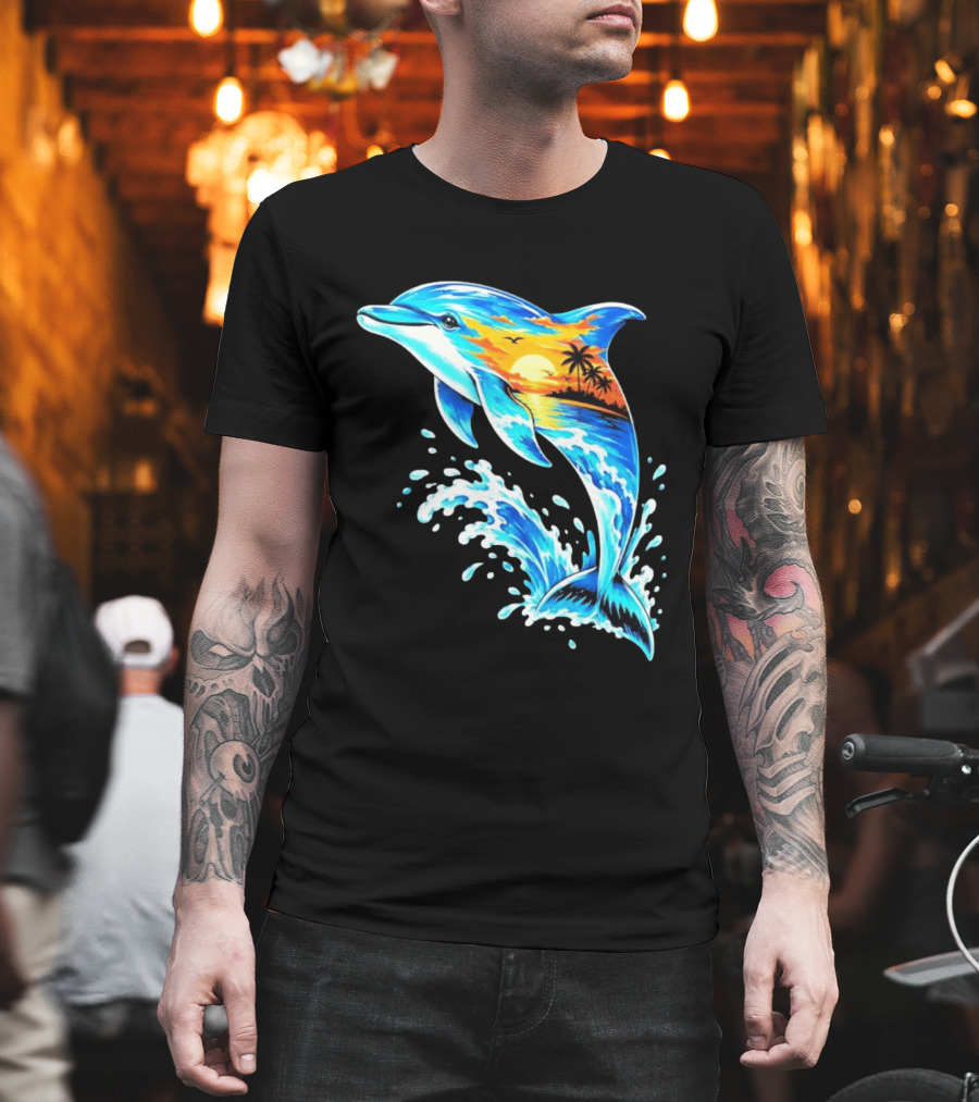 Tropical Sunset Dolphin Ocean Wave Marine Life Scene T-Shirt