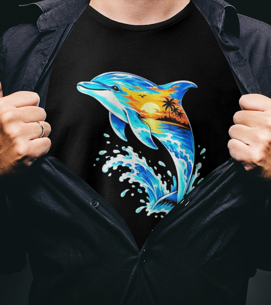Tropical Sunset Dolphin Ocean Wave Marine Life Scene T-Shirt