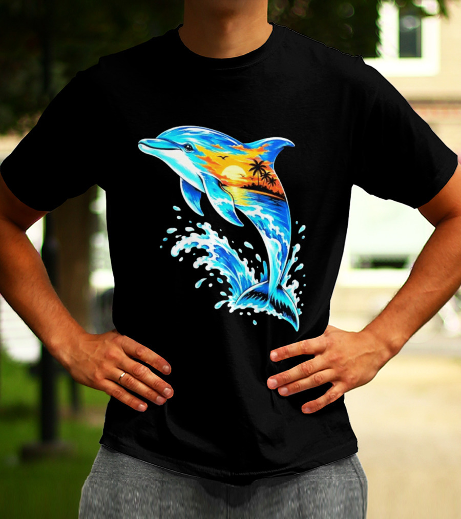 Tropical Sunset Dolphin Ocean Wave Marine Life Scene T-Shirt
