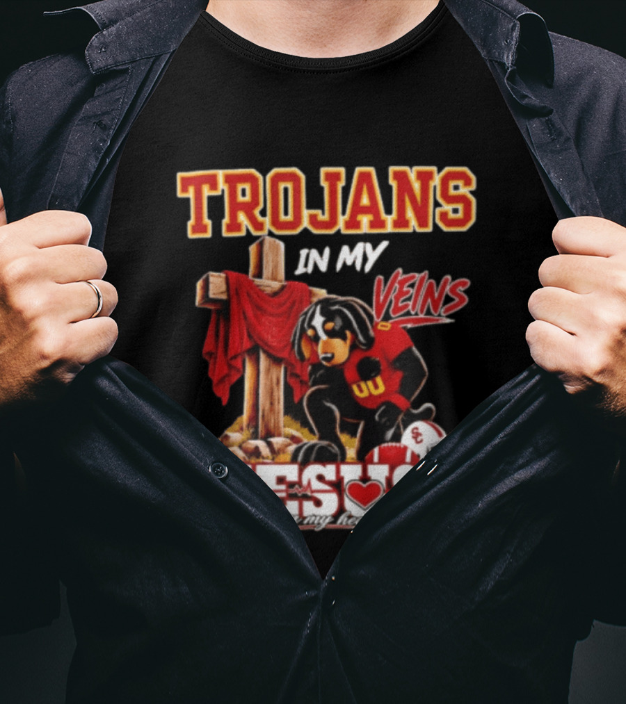 Trojans In My Veins Jesus In My Heart USC Football Faithful Dog T-Shirt
