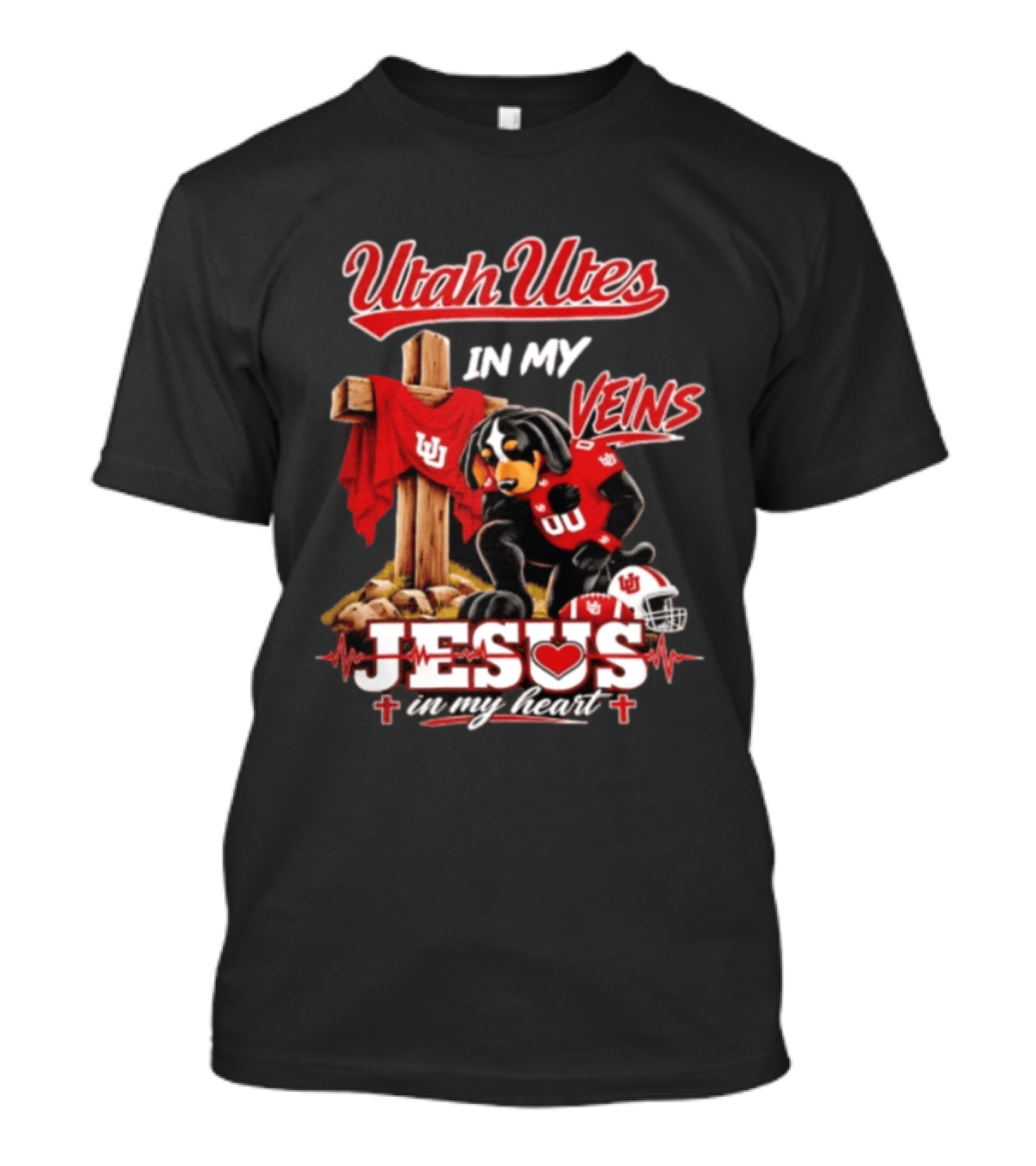Utah Utes Faith Dog Jesus In My Heart Football Veins T-Shirt