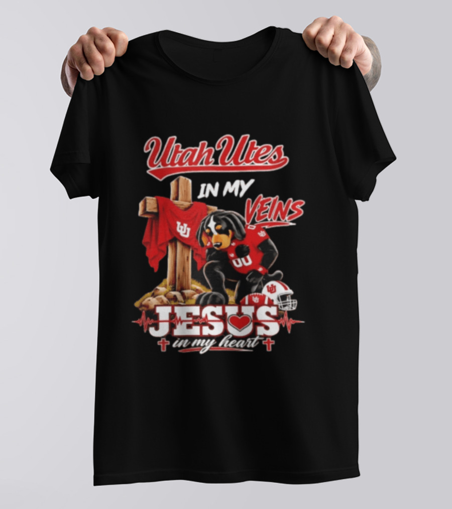 Utah Utes Faith Dog Jesus In My Heart Football Veins T-Shirt