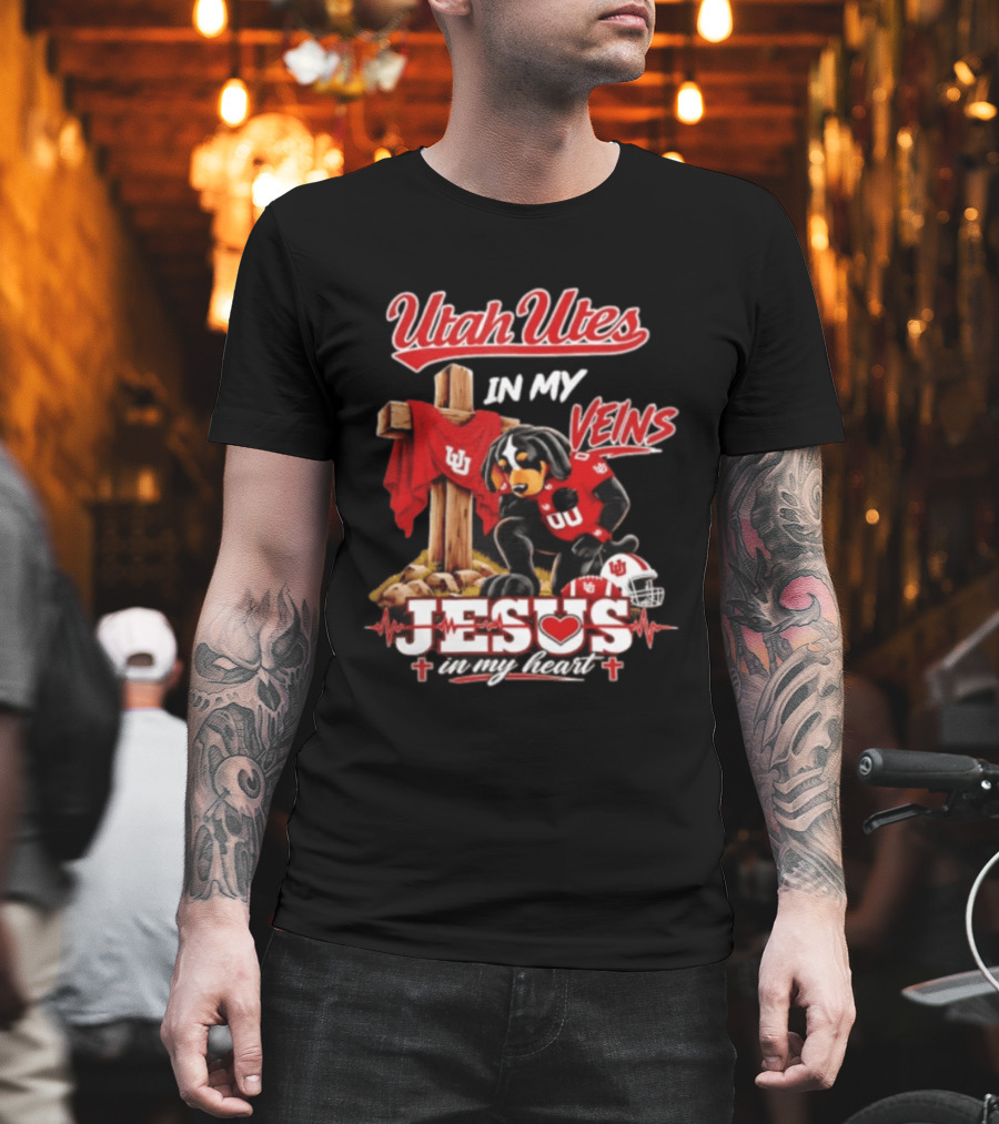 Utah Utes Faith Dog Jesus In My Heart Football Veins T-Shirt