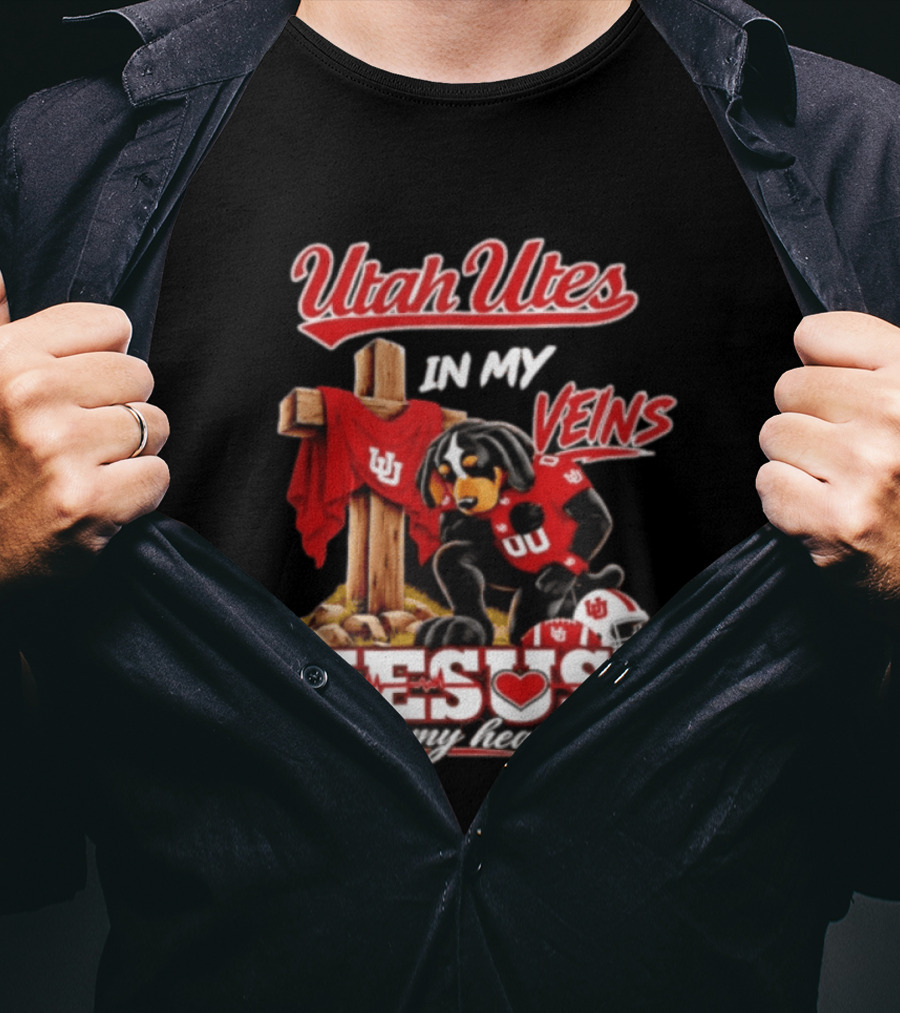 Utah Utes Faith Dog Jesus In My Heart Football Veins T-Shirt