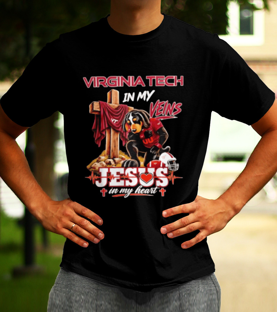 Virginia Tech Hokies Dog In My Veins Jesus In My Heart Football Faith T-Shirt