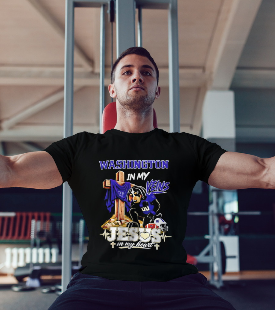 Washington Huskies Football Jesus In My Heart Dog In My Veins Faith T-Shirt