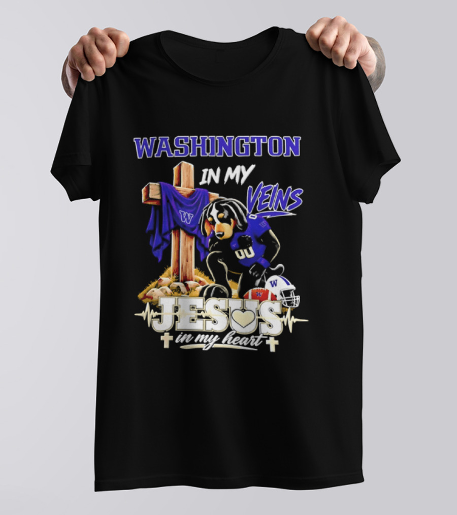 Washington Huskies Football Jesus In My Heart Dog In My Veins Faith T-Shirt