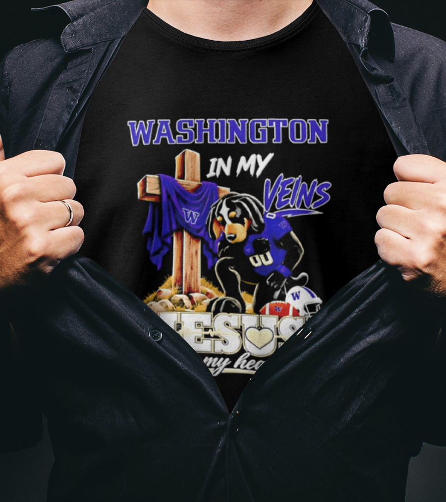 Washington Huskies Football Jesus In My Heart Dog In My Veins Faith T-Shirt