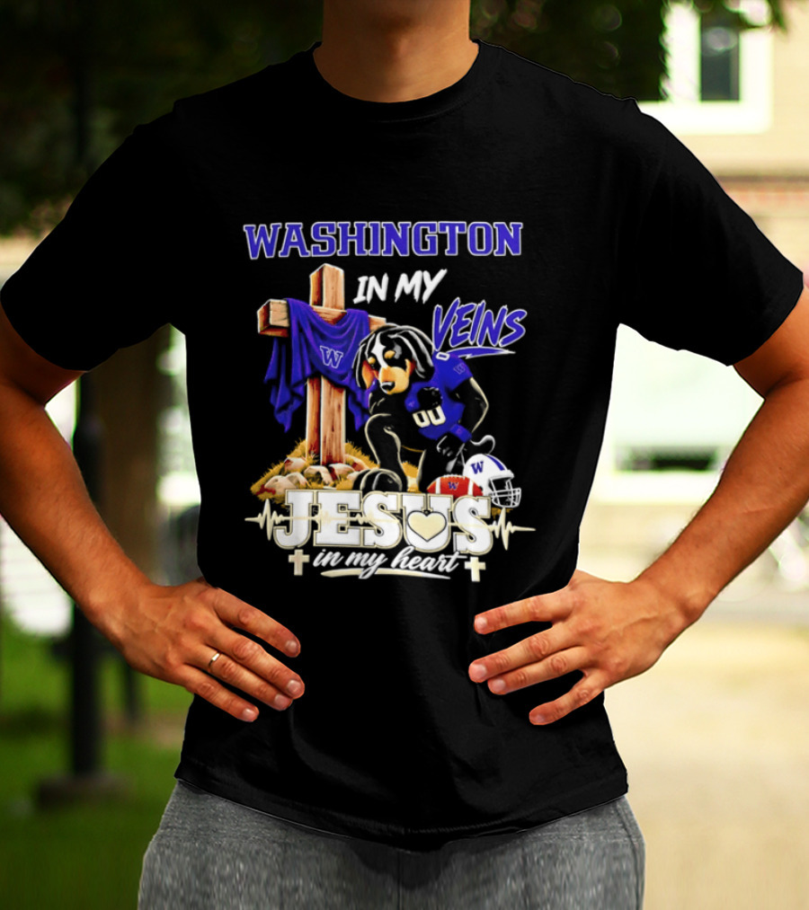 Washington Huskies Football Jesus In My Heart Dog In My Veins Faith T-Shirt