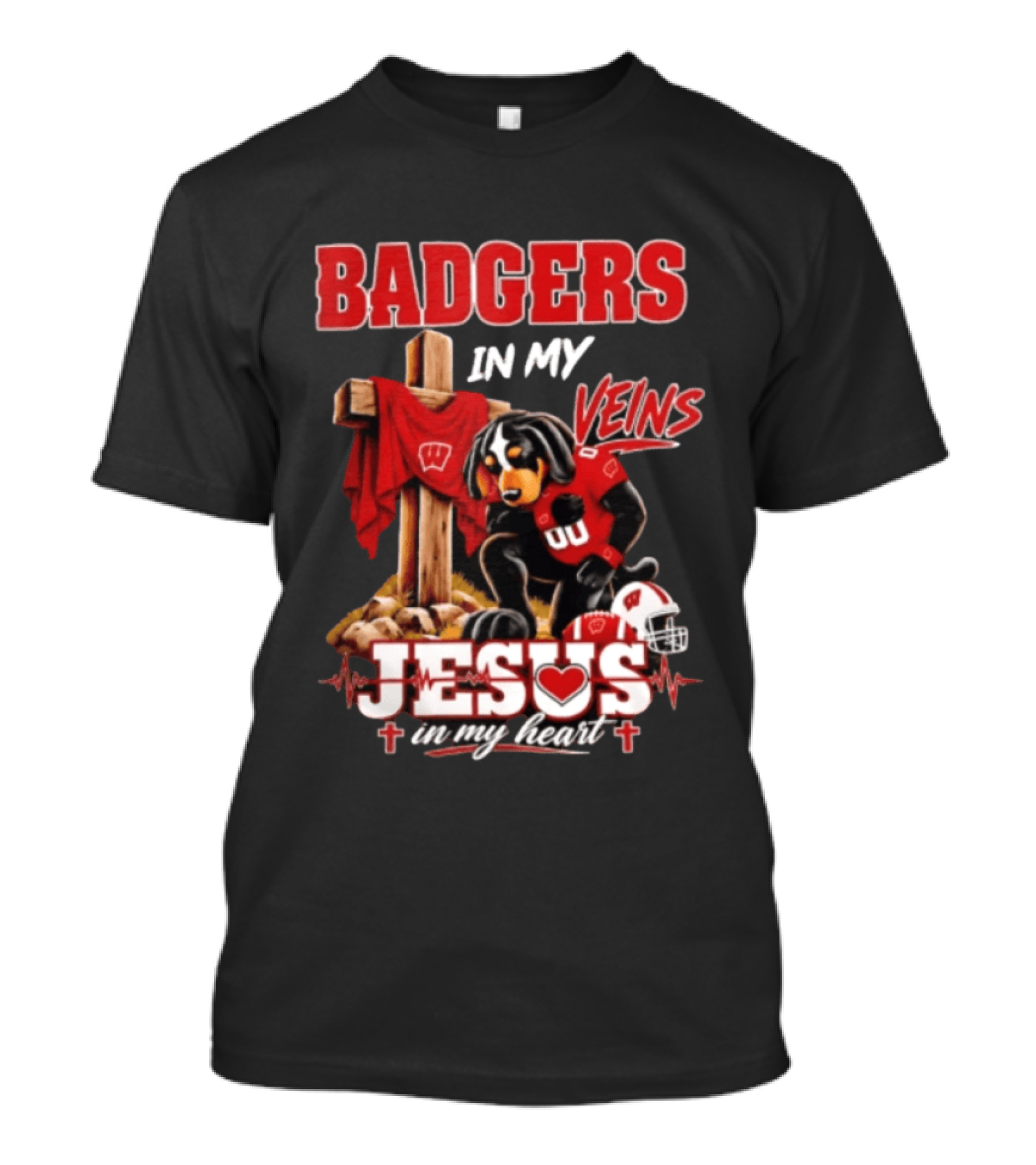 Badgers In My Veins Jesus In My Heart Wisconsin Football Faith T-Shirt