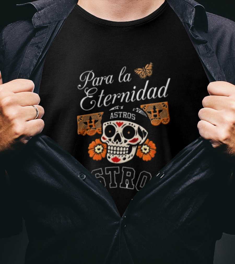Para La Eternidad Astros Sugar Skull Bandana Flowers Butterfly T-Shirt