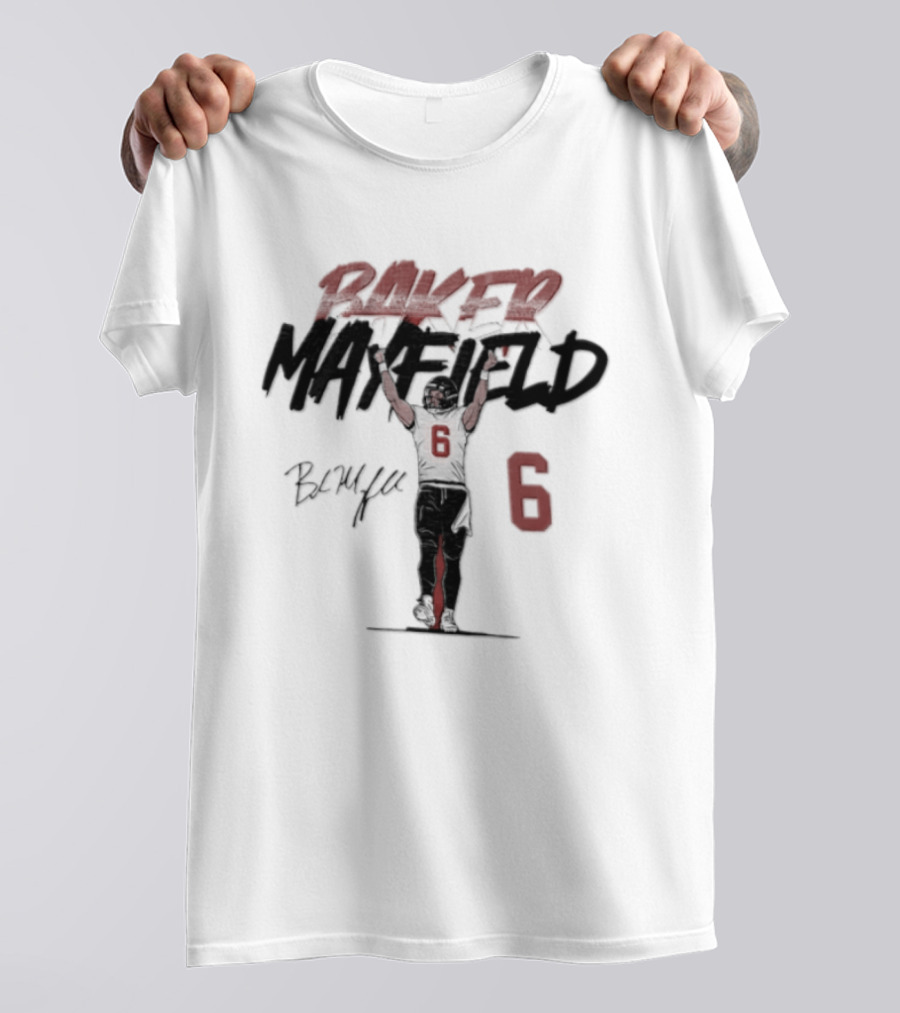 Baker Mayfield Buccaneers 6 Football Player Signature Arms Raised T-Shirt