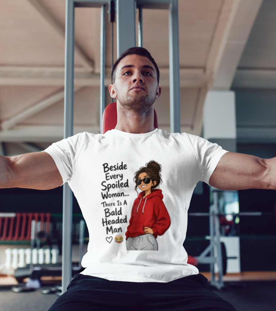 Beside Every Spoiled Woman There Is A Bald Headed Man Red Black Sunglasses Emoji T-Shirt