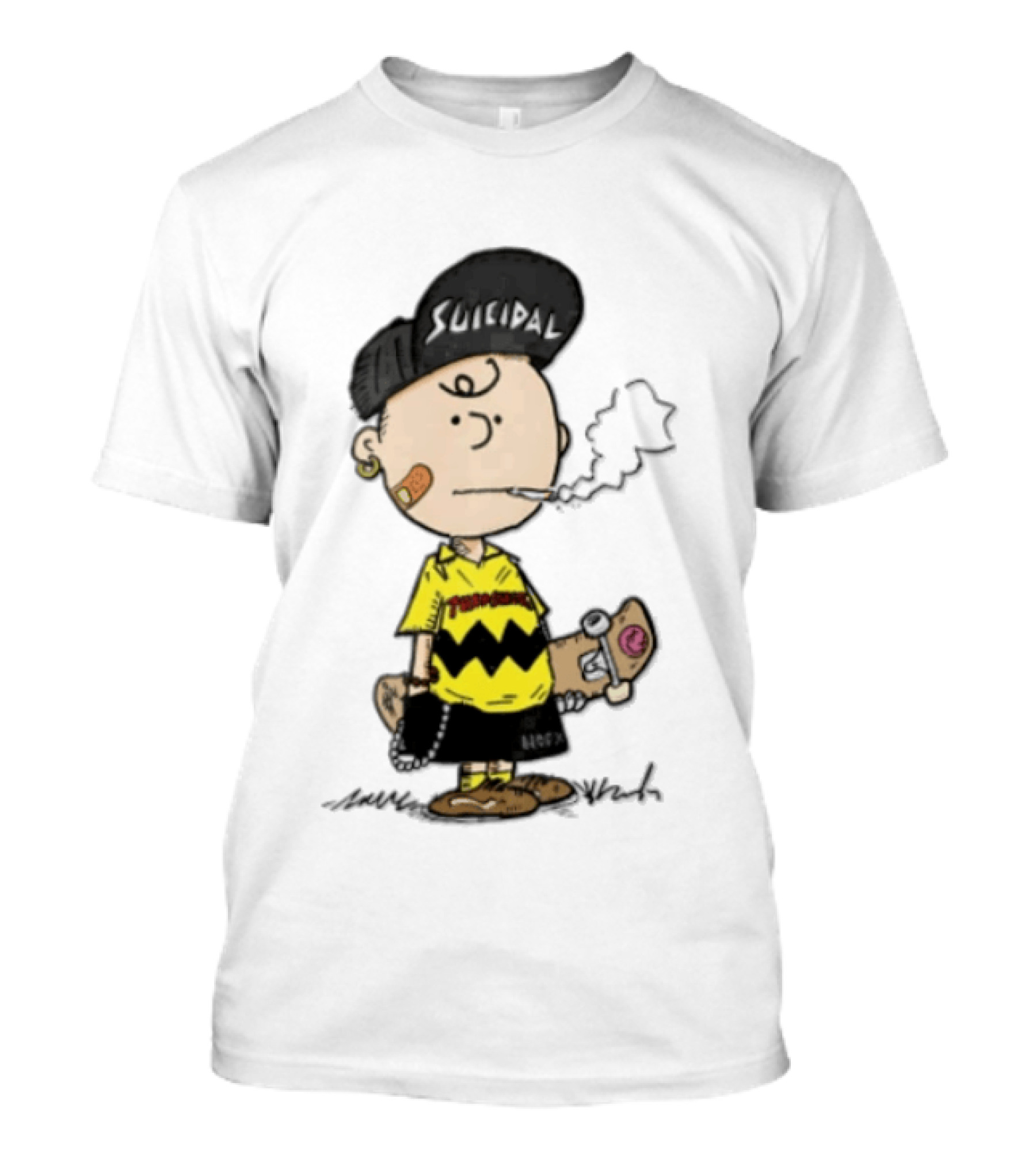 Charlie Brown Cartoon Boy Smoking Skateboard Punk Scumbag Thrasher T-Shirt