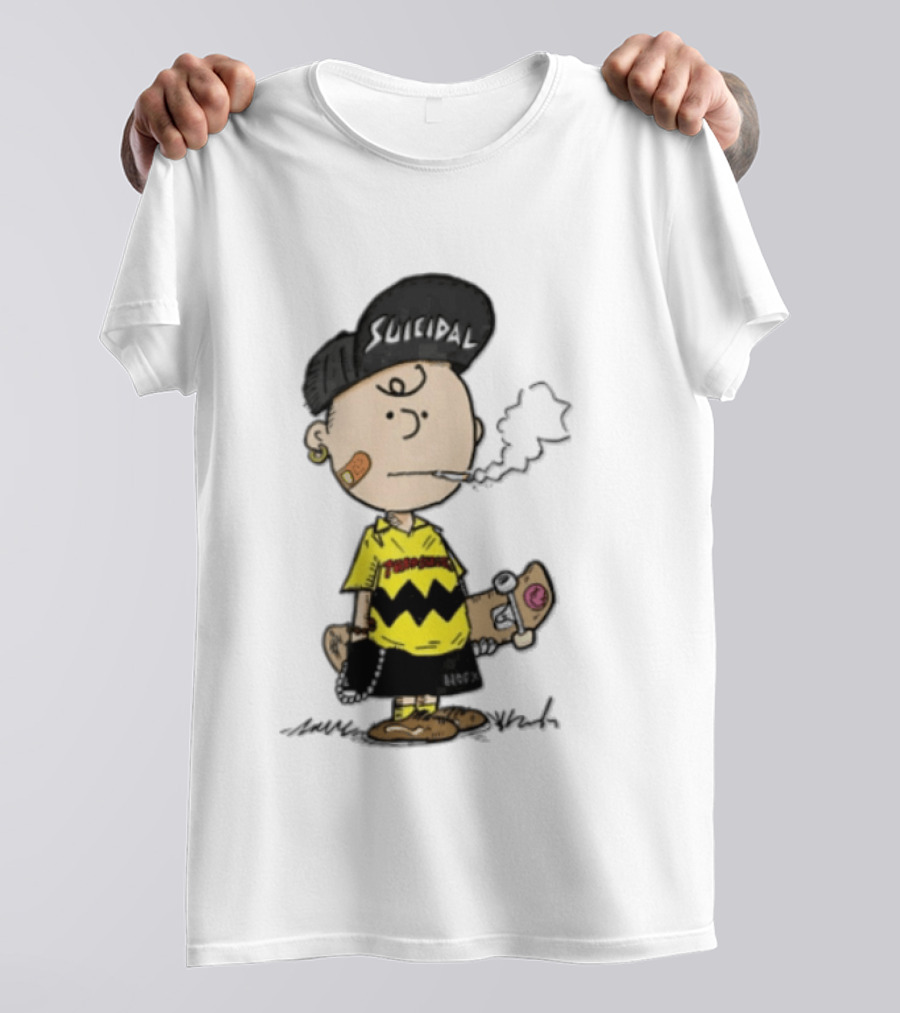 Charlie Brown Cartoon Boy Smoking Skateboard Punk Scumbag Thrasher T-Shirt