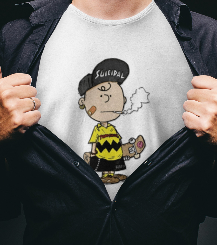 Charlie Brown Cartoon Boy Smoking Skateboard Punk Scumbag Thrasher T-Shirt