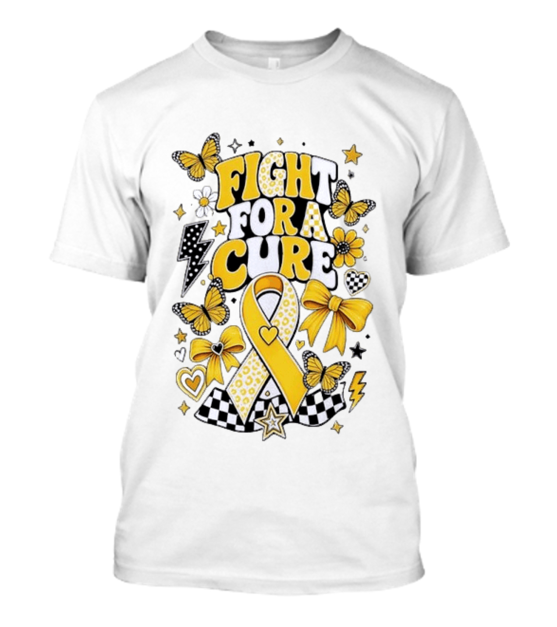 Fight For A Cure Yellow Ribbon Awareness Butterfly And Bow T-Shirt