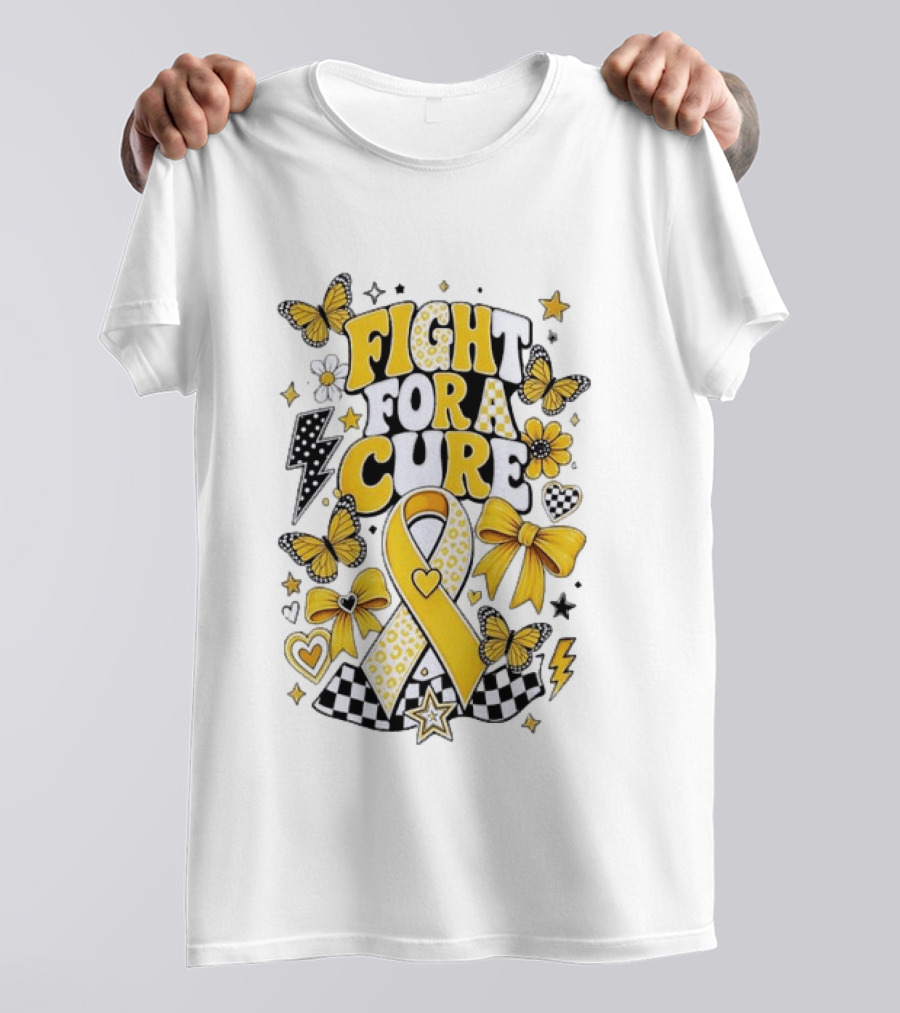 Fight For A Cure Yellow Ribbon Awareness Butterfly And Bow T-Shirt