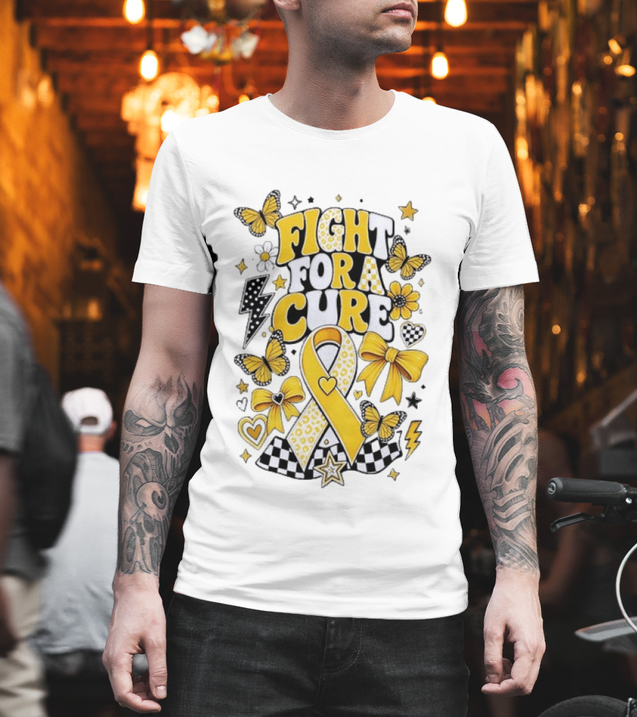 Fight For A Cure Yellow Ribbon Awareness Butterfly And Bow T-Shirt