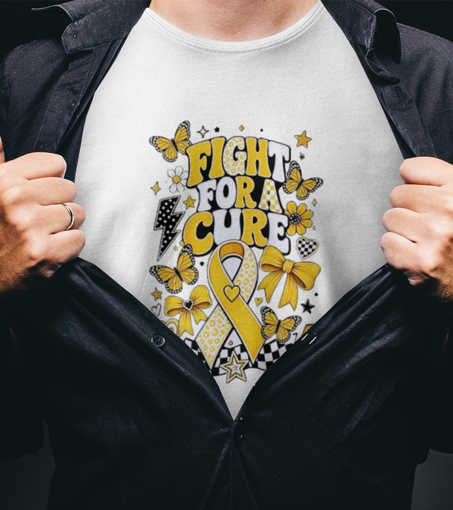 Fight For A Cure Yellow Ribbon Awareness Butterfly And Bow T-Shirt