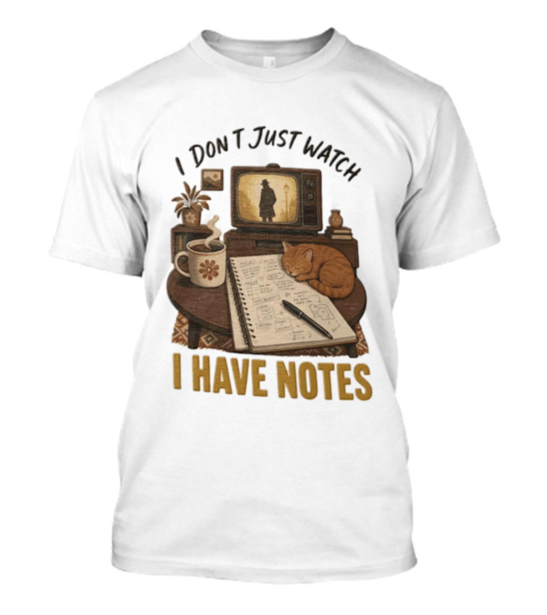 I Dont Just I Have Notes Cute Orange Cat Sleeping On Notebook With Vintage TV And Coffee T-Shirt