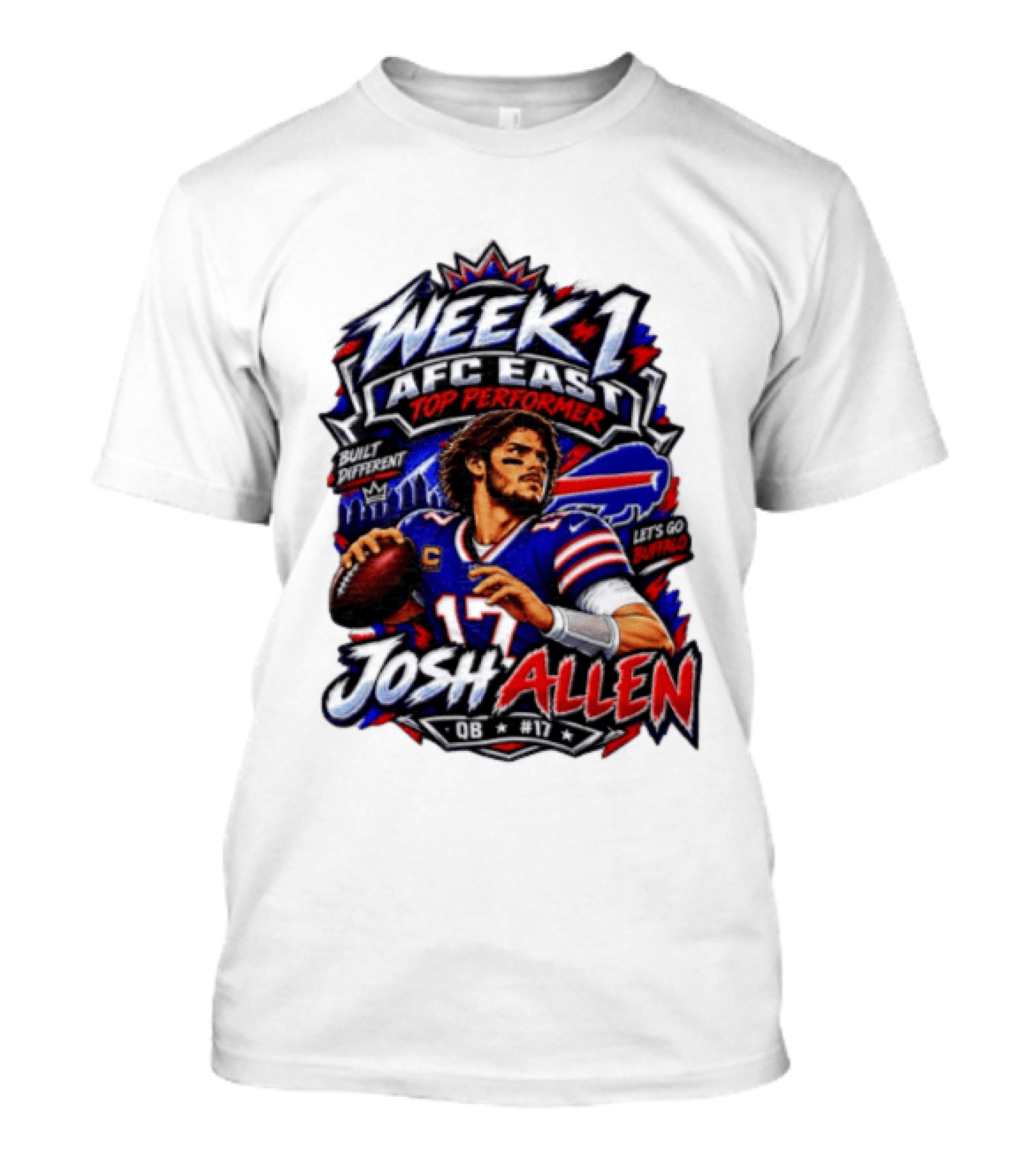 Week 1 AFC East Top Performer Josh Allen Built Different Let's Go Buffalo QB #17 T-Shirt