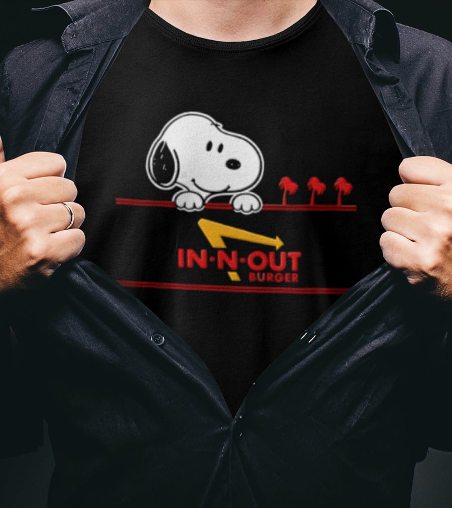 Snoopy Peeking Over In N Out Burger Red Lines With Palm Trees T-Shirt