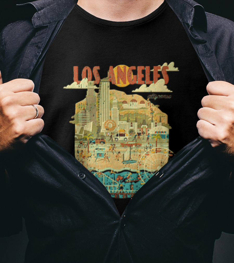Los Angeles California Skyline Ferris Wheel And Beach Scene T-Shirt