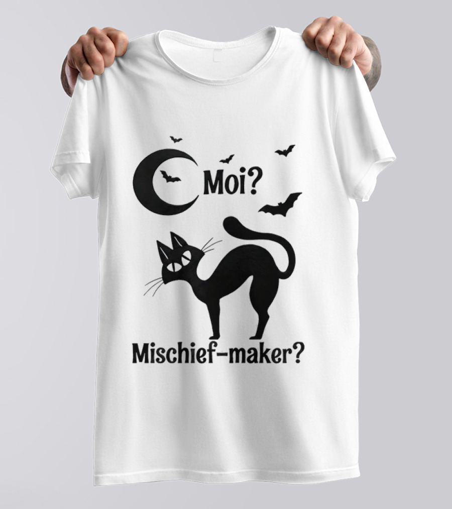 Moi Mischief Maker Black Cat Halloween Moon Bats T-Shirt