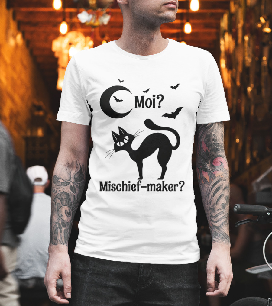 Moi Mischief Maker Black Cat Halloween Moon Bats T-Shirt