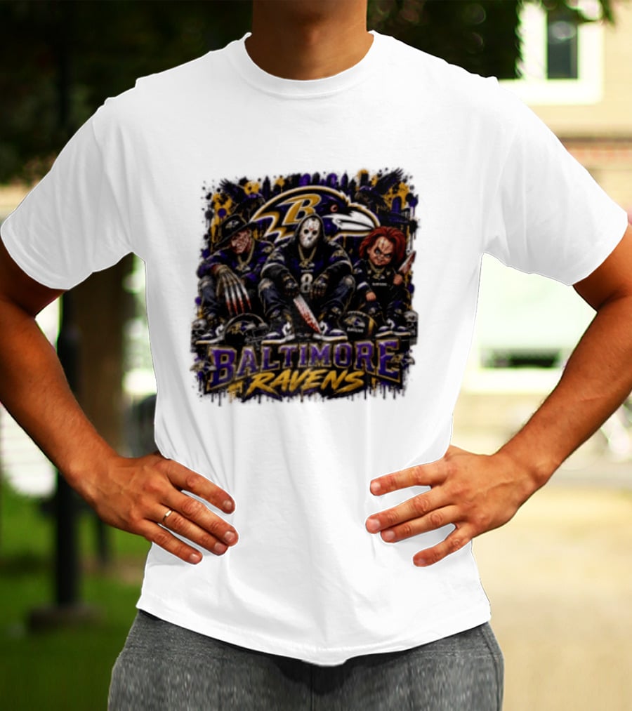 Freddy Krueger Jason Voorhees Chucky Baltimore Ravens Halloween Horror T-Shirt