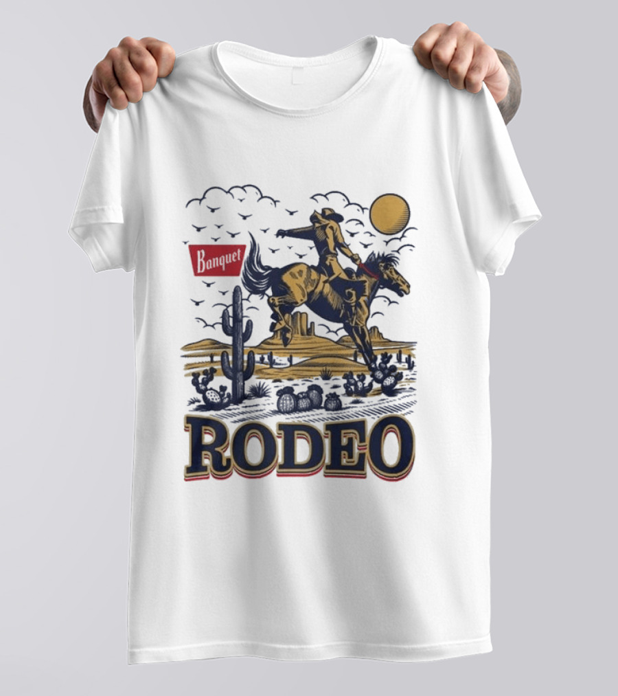 Western Rodeo Cowboy Desert Scene With Cactus And Mountains T-Shirt
