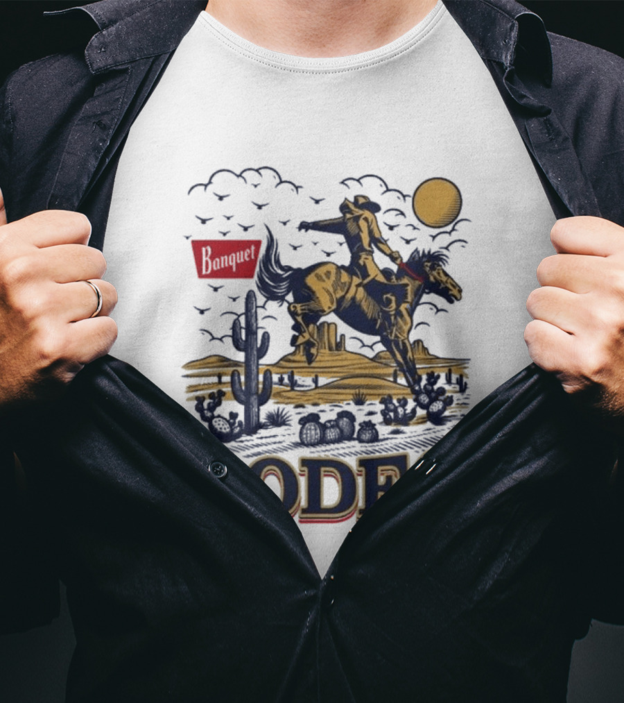 Western Rodeo Cowboy Desert Scene With Cactus And Mountains T-Shirt