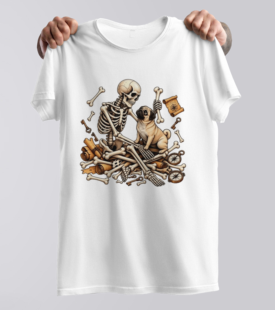 Skeleton Holding Bone With Pug Surrounded By Compass Keys And Treasure Maps T-Shirt