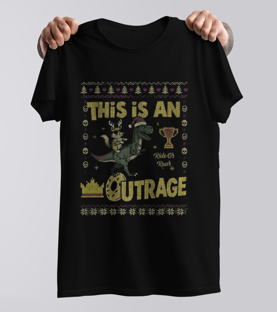 Dungeon Crawler Carl This Is An Outrage Christmas Ugly Achievement Crown Trophy Dinosaur Santa Hat T-Shirt