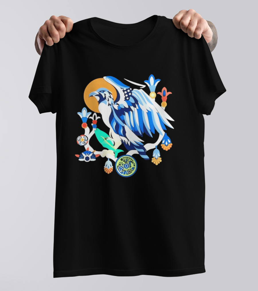 Egyptian Blue Falcon Bird Of Prey With Fish And Ancient Symbolism T-Shirt