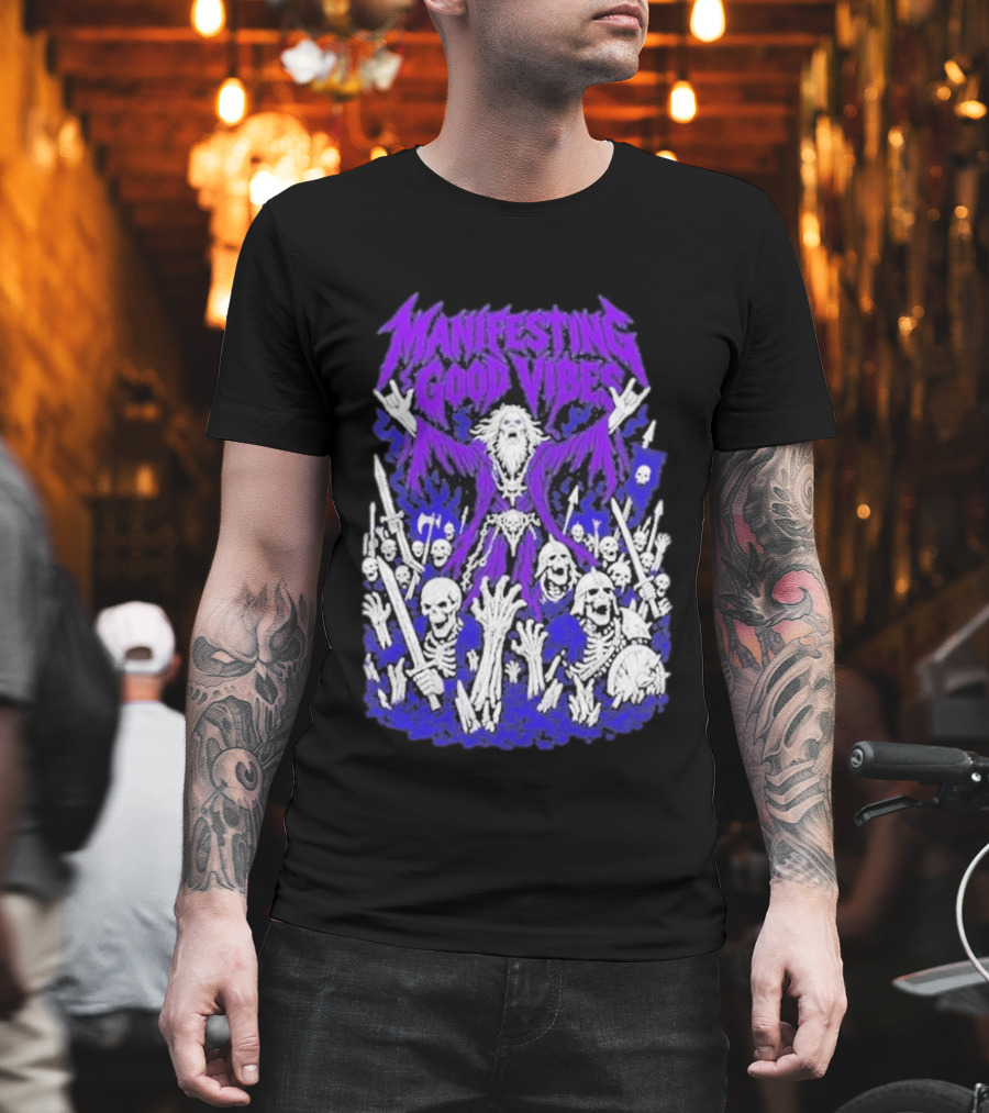 Manifesting Good Vibes Necromancer Skeleton Wizard T-Shirt