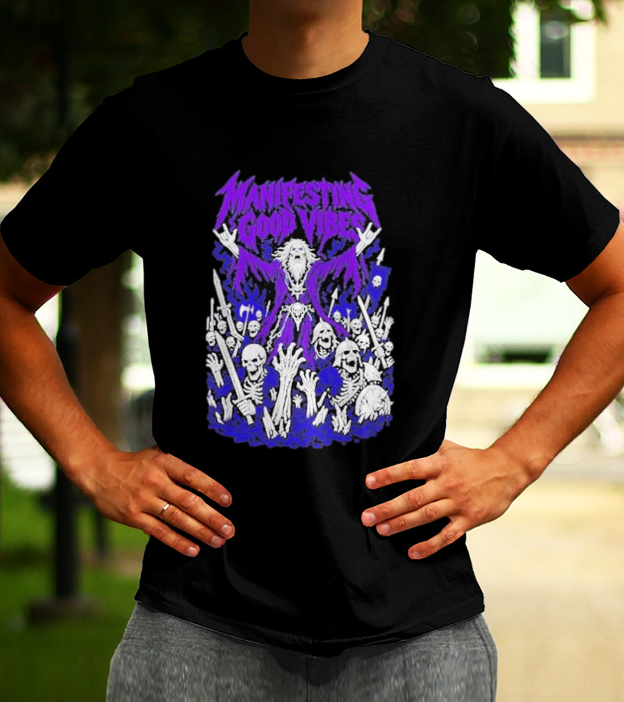 Manifesting Good Vibes Necromancer Skeleton Wizard T-Shirt