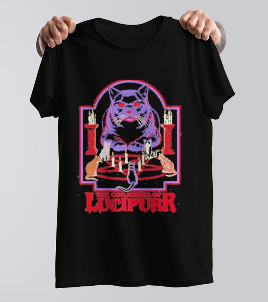 The Conjuring Of Lucipurr Cat Candle Pentagram Ritual T-Shirt
