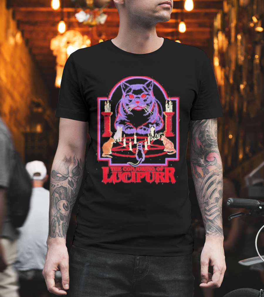 The Conjuring Of Lucipurr Cat Candle Pentagram Ritual T-Shirt